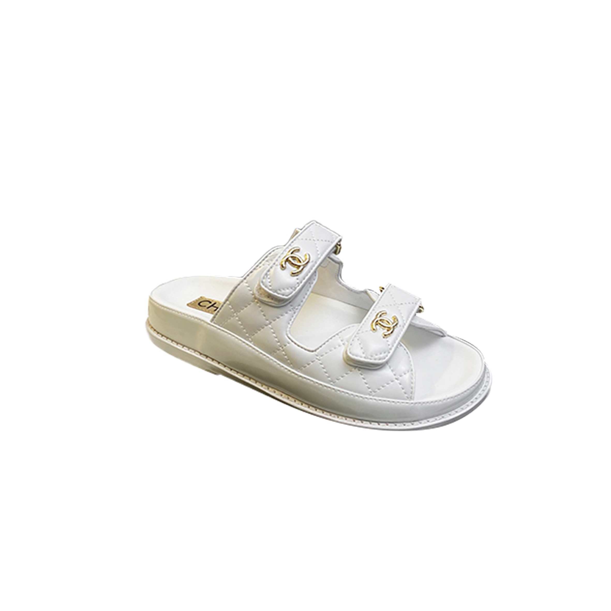 CHANEL LAMBSKIN QUILTED VELCRO DAD CHAIN CC SLIDE SANDALS